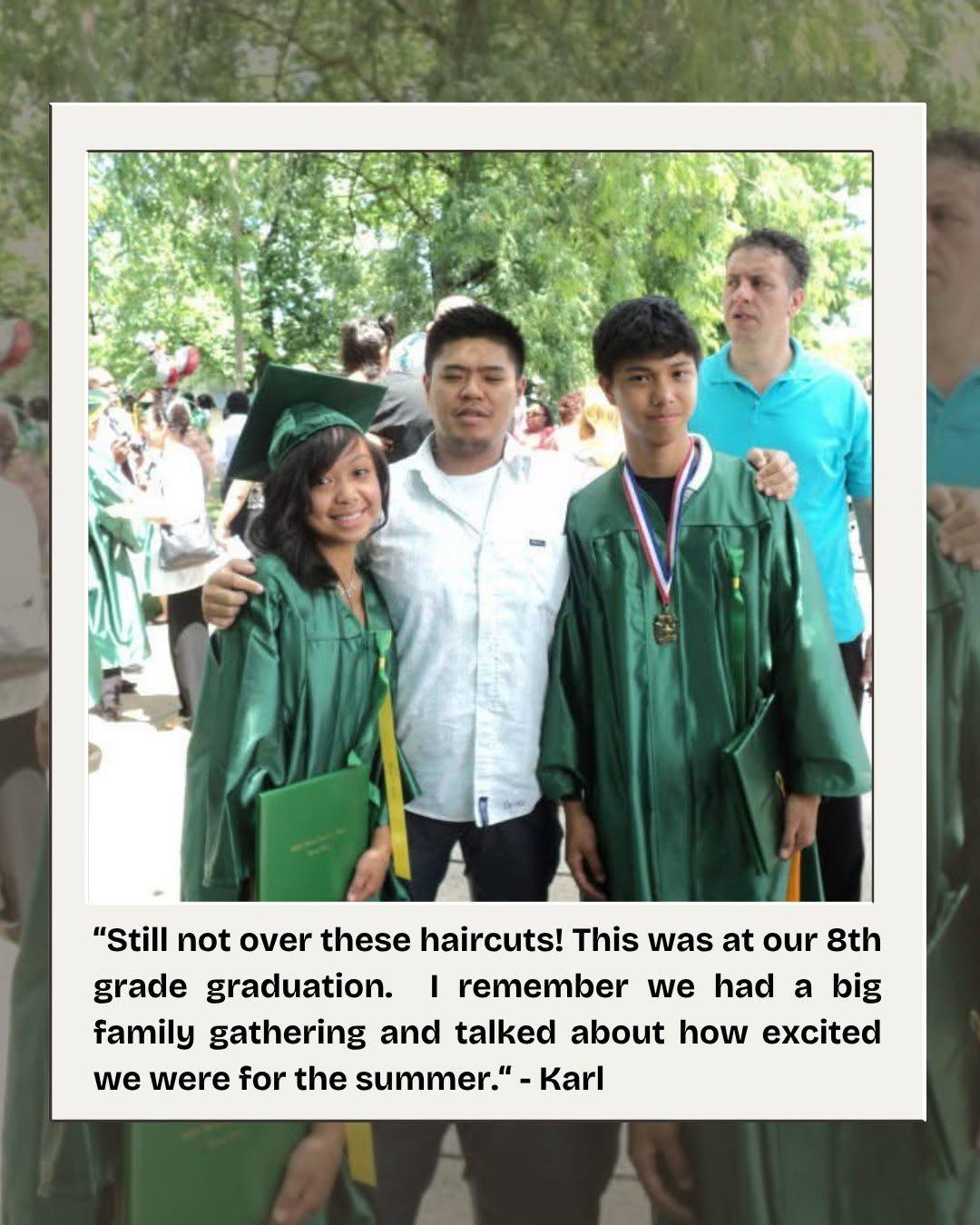 Maleiha in a green cap and gown at her eighth-grade graduation, standing with two family members.