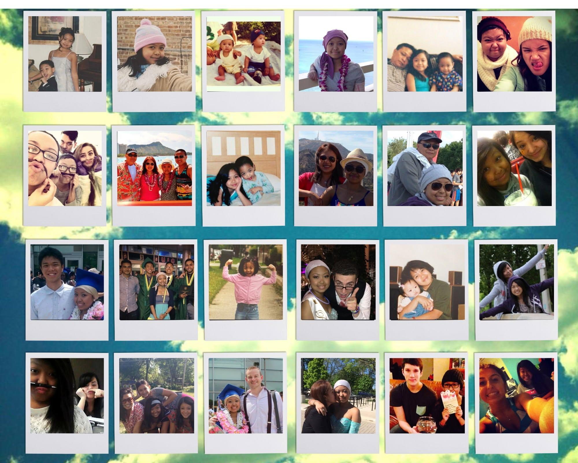 A wall of two dozen polaroid photographs of Maleiha with family and friends across the years.