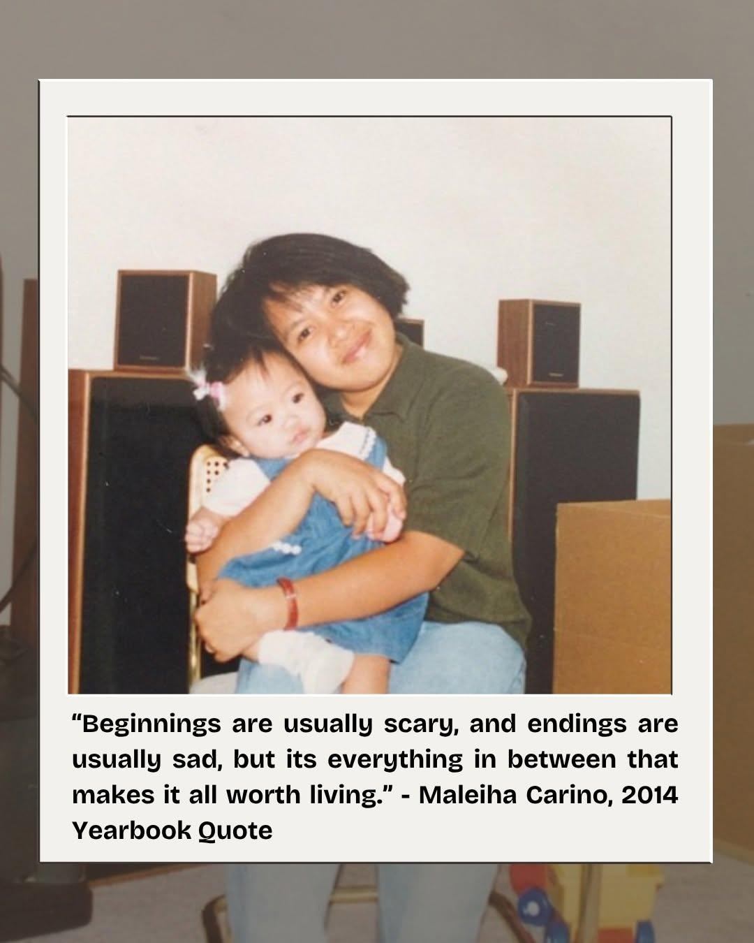 Maleiha as a baby, held in a family member's arms in a living room.